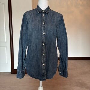 Fitted denim button down shirt with rhinestone buttons
